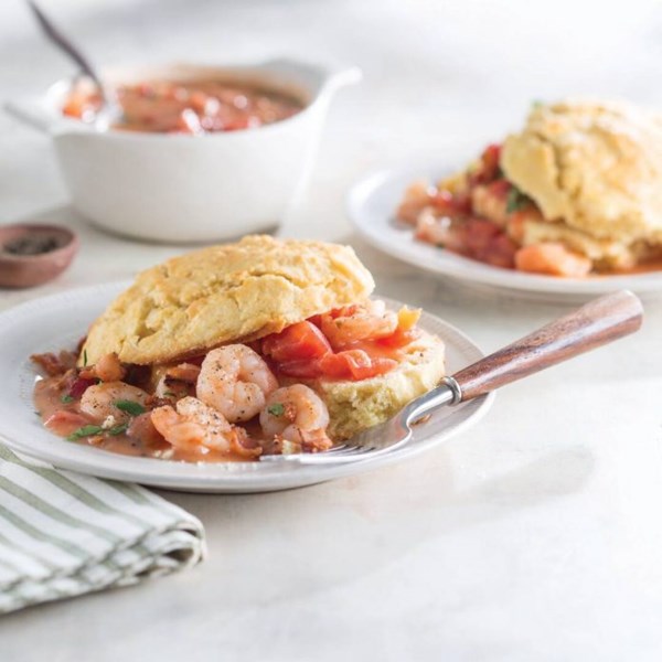 Tomato-shrimp gravy and cornmeal cathead biscuits