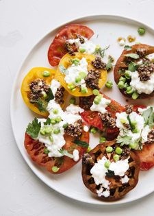 Tomato slabs w/green chickpeas, olive rig + fresh mozzarella