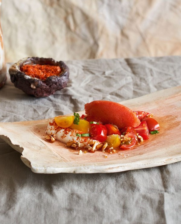 Tomato sorbet, buffalo yoghurt & pinenut brittle