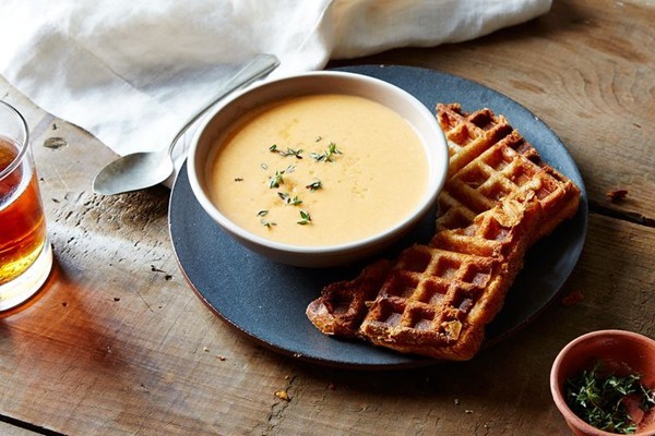Tomato soup and Saint-André waffled grilled cheese sandwiches