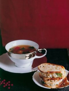 Tomato soup with crab and horseradish sandwiches