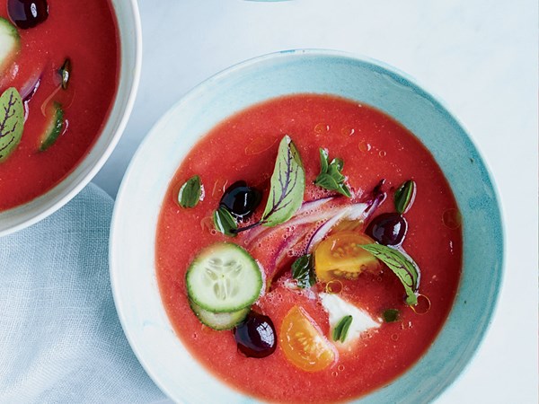 Tomato soup with feta-olives and cucumbers [David Chang]