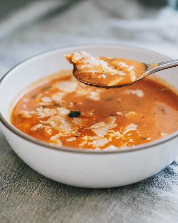 Tomato soup with spicy sausage and orzo