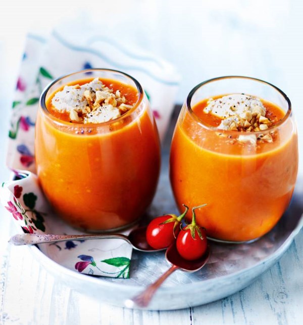 Tomato soup with whipped dukkah goats' cheese
