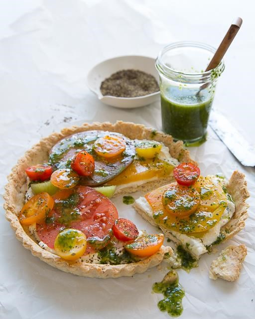 Tomato tart with basil oil & almond & pepper crust