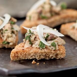 Tomato toast with sardines & mint