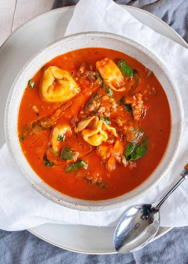 Tomato tortellini soup with Italian sausage