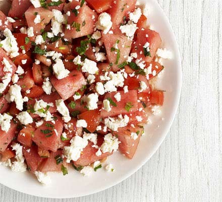 Tomato, watermelon and feta salad with mint dressing