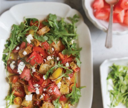 Tomato-watermelon panzanella salad with feta
