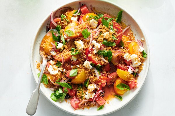 Tomato-watermelon salad with anchovy bread crumbs