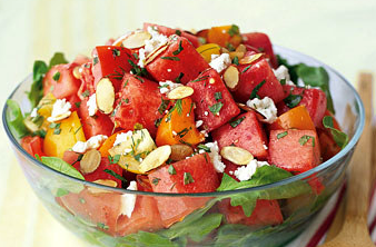 Tomato-watermelon salad with feta and toasted almonds