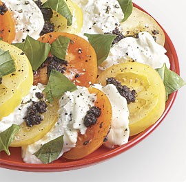 Tomatoes and burrata with tapenade