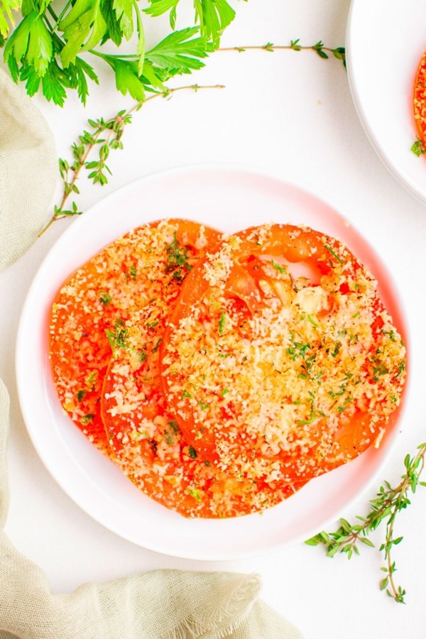 Tomatoes with Asiago cheese and fresh herbs