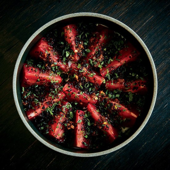 Tomatoes with bagna cauda and Chinese sausages