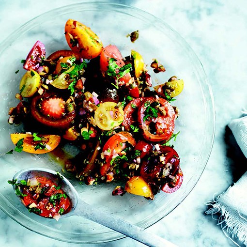 Tomatoes with capers, almonds + herbs