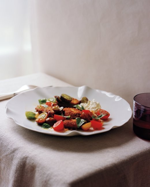 Tomatoes with crisp fried eggplant and burrata