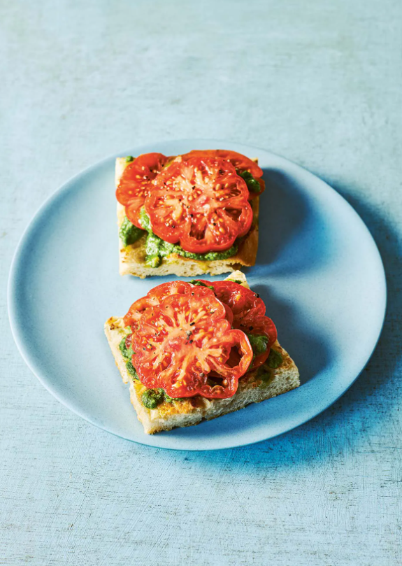 Tomatoes with English pesto on toasted focaccia