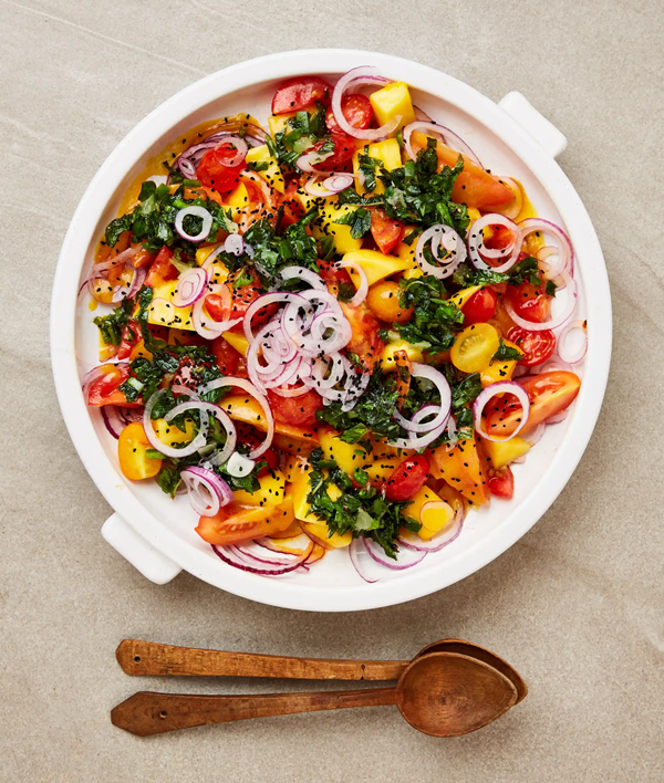 Tomatoes with mango miso dressing