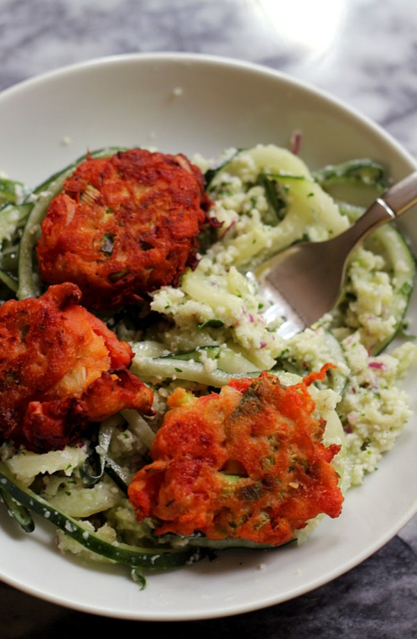 Tomatokeftedes with cauliflower tabbouleh salad