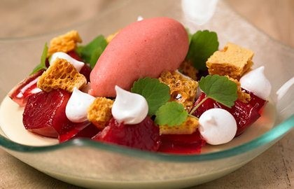 Tonka bean panna cotta with poached strawberries and strawberry ice cream