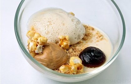 Tonka bean panna cotta with popcorn crumble and soy sauce gel