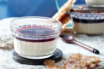 Tonka bean panna cottas with pomegranate jelly and broken baklava
