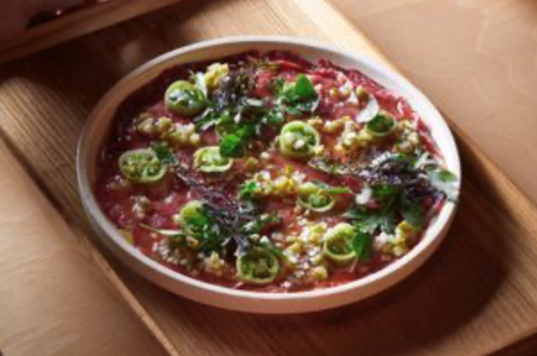 Torello Farm beef carpaccio, green tomato and oregano