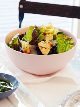 Torn bread, baked ricotta and red oak salad