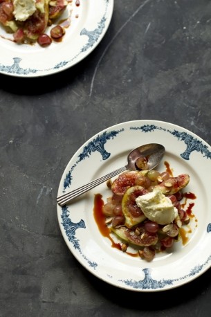 Torn fresh figs & grapes with almonds & strawberry balsamic