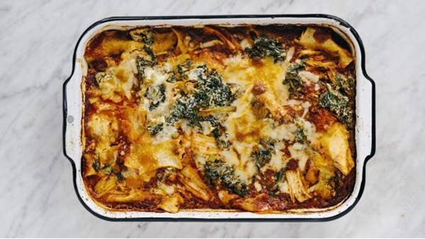 Torn lasagne with kale and kimchi