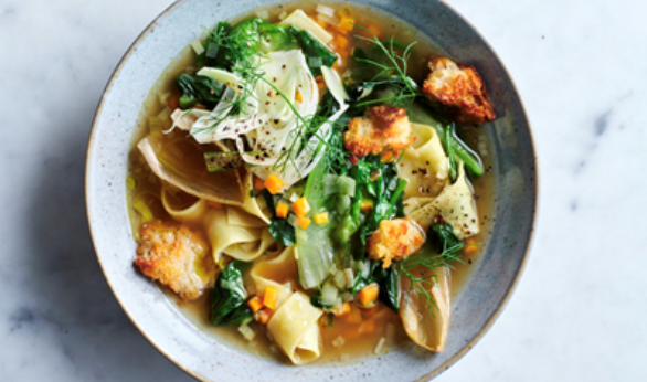 Torn pasta soup with fennel and Parmesan croûtons