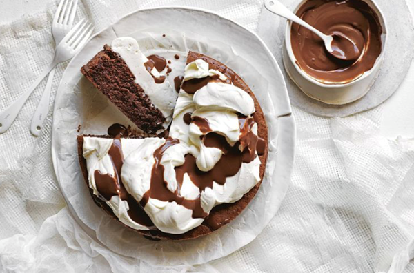 Torta Caprese with ricotta and Amaretto chocolate sauce