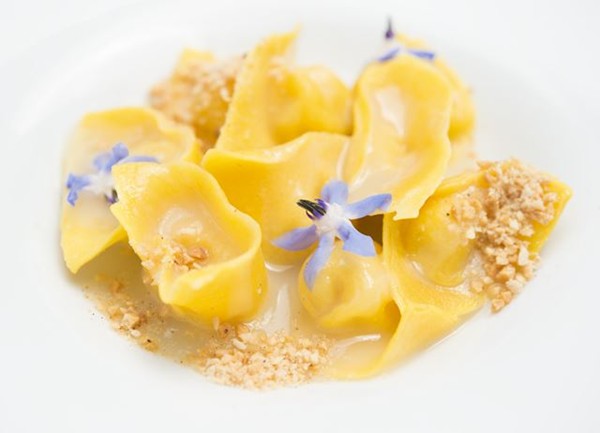 Tortelli with Parmesan, lavender, nutmeg and almond