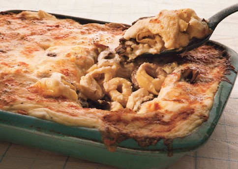 Tortellini gratinata with mushrooms and parsnip "Béchamel"