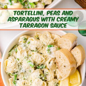 Tortellini, peas and asparagus with creamy tarragon sauce