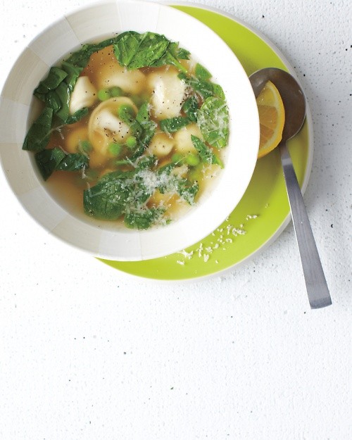 Tortellini soup with peas and spinach