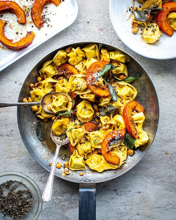 Tortellini with brown butter, sage, hazelnuts and roast pumpkin