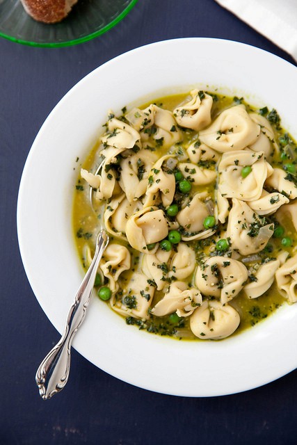 Tortellini with kale pesto and peas