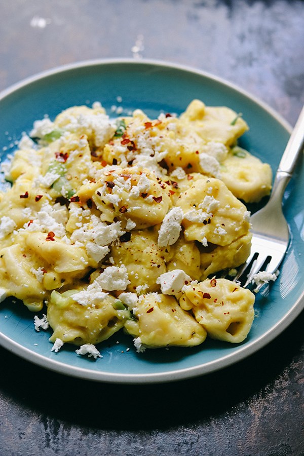 Tortelloni with corn crema and charred scallions