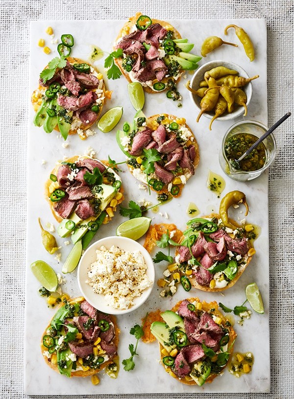 Tostadas with Silver Ferns Farms New York strip steaks