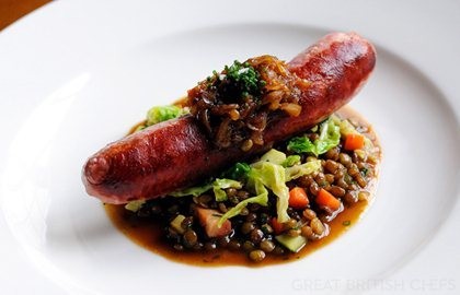 Toulouse sausage with braised lentils
