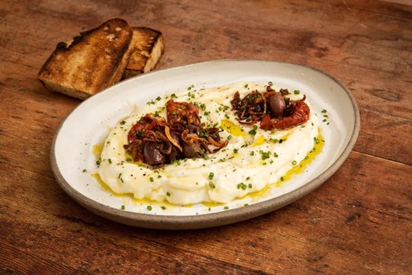 Toum with crispy shallots, Kalamata olives and honey