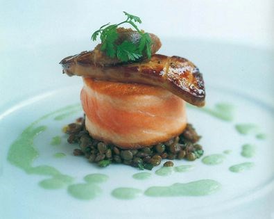 Tournedos of salmon, spiced lentils and foie gras