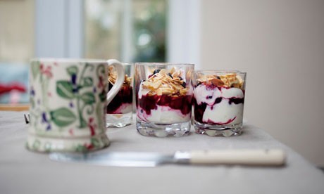 Towers of mashed berries, lemon yoghurt and buttery almonds
