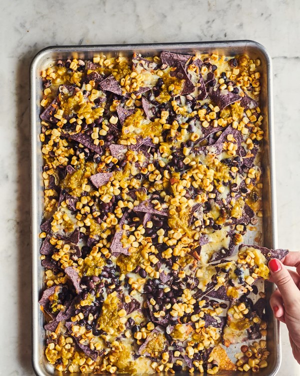 Trader Joe's corn and black bean sheet pan nachos
