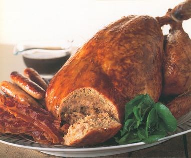 Traditional roast turkey with sage, lemon and chestnut stuffing and all the trimmings