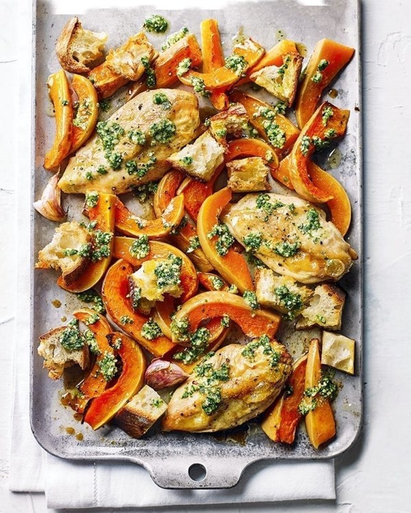 Tray-bake chicken with parsley, Brazil nut and pecorino pesto and sourdough croutons