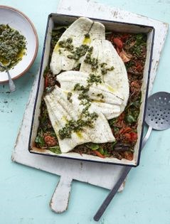Tray-baked brill and Puy lentils with salsa verde