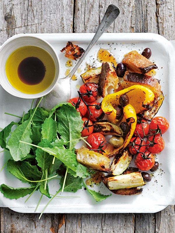 Tray-baked panzanella salad