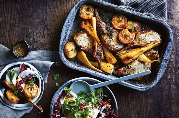 Tray-baked pork chops with apples and parsnips